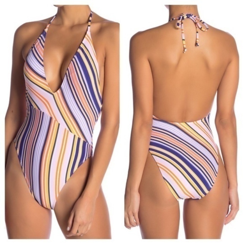 The Bikini Lab Stripe Plunge 1 Piece Swimsuit NWT New Bathing Suit